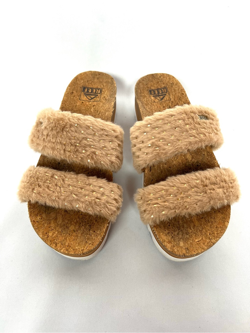 Reef Faux Fur Platform Slide Sandals Tan Cork Footbed Womens 8